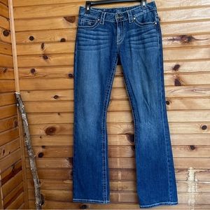 D9 Womens Slick Boot Cut Jeans Blue Flap Pockets Stretch Whiskered Denim 29